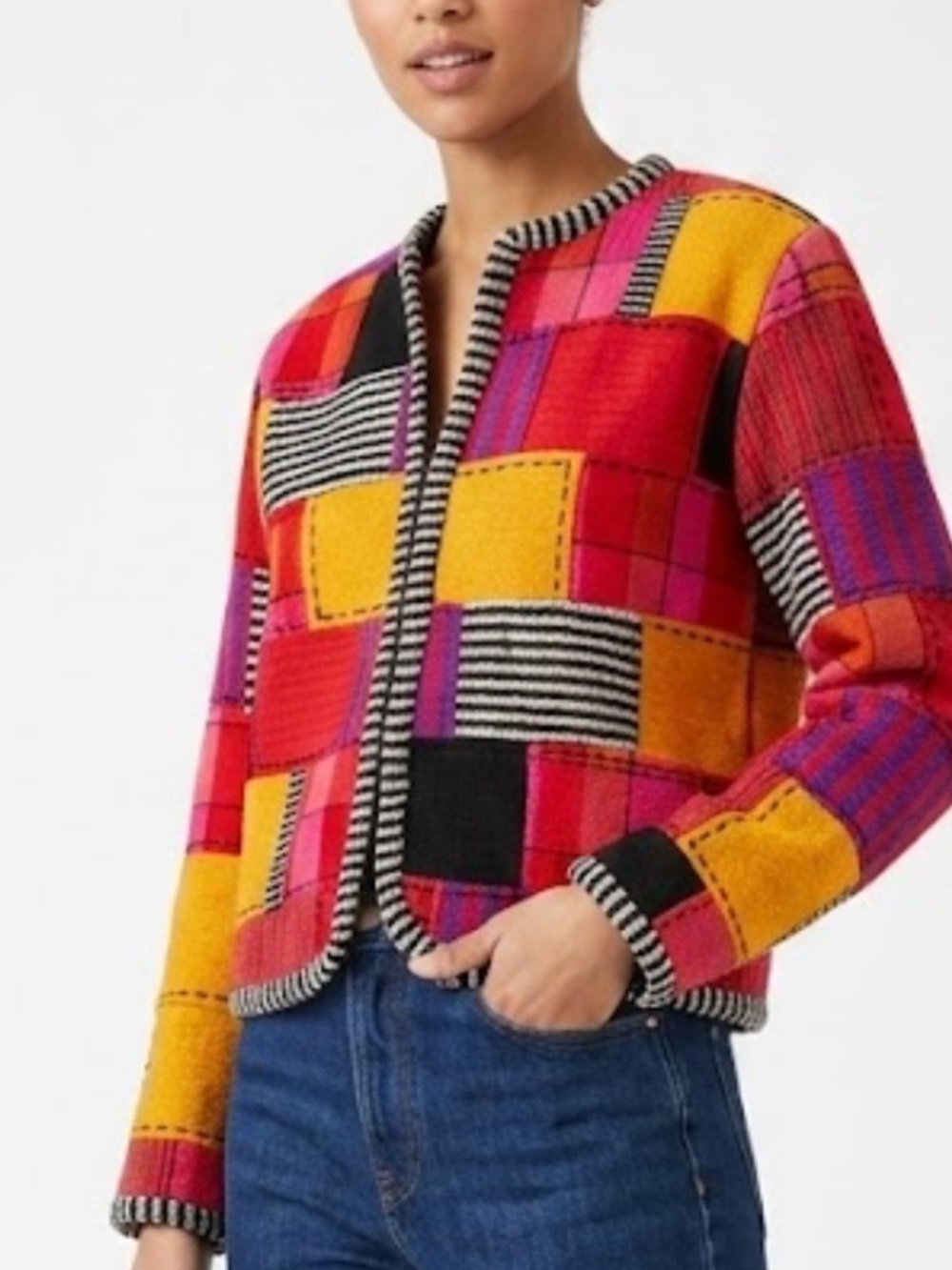 Cristal  Colorblock Patchwork Crewneck Sweater Jacket - Multi